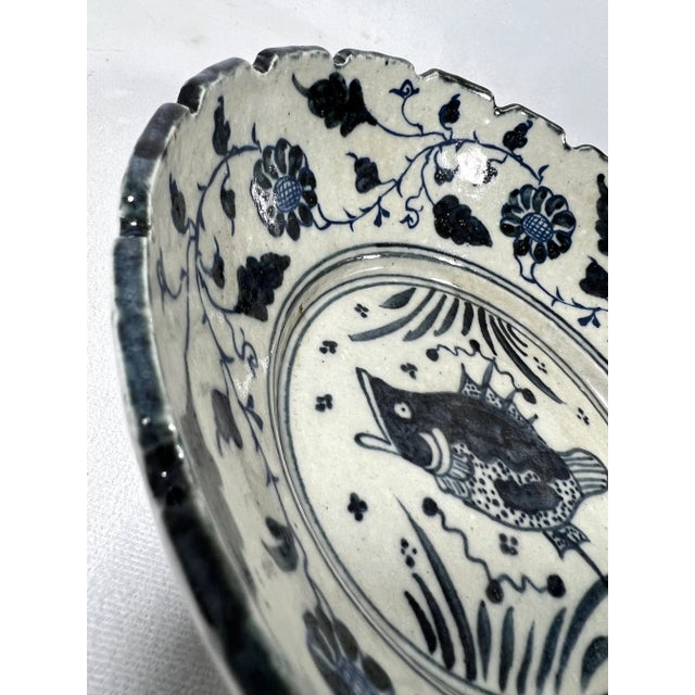 'Ming Dynasty' Hand Painted Chinese Blue and White Ceramic Deep Bowl With Fish & Flowers, Signed For Sale - Image 9 of 10