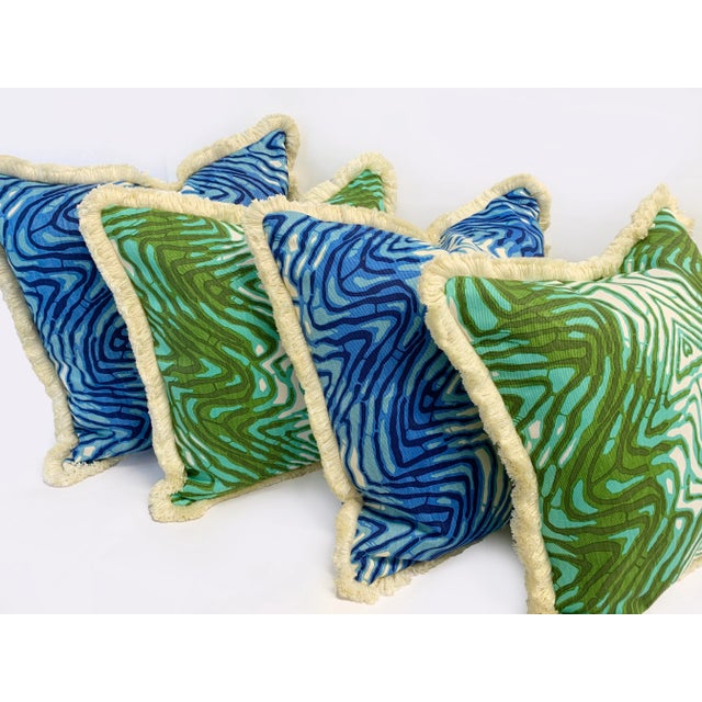 “Wavelength” Verde Sustainably Handprinted on Hemp/Cotton Twill Pillow Cover For Sale - Image 4 of 11