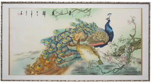 20th C. Chinese Export Pair of Peacocks and Flowers Painting
