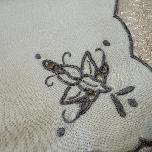 Textile Art Deco Linen Tablecloth 32" X 33" , 10 Napkins C1930 Cream With Gray Trim Pristine For Sale - Image 7 of 18
