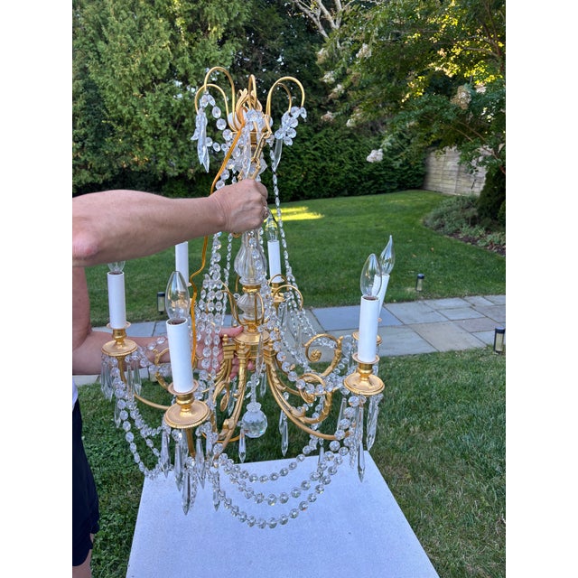 2000 - 2009 Pair of 6 light French style brass and crystal chandeliers For Sale - Image 5 of 13