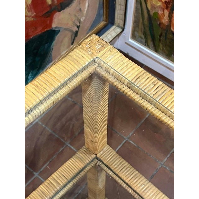 1970's Bielecky Brothers Wrapped Rattan and Glass Waterfall Corner Etagere For Sale - Image 14 of 14