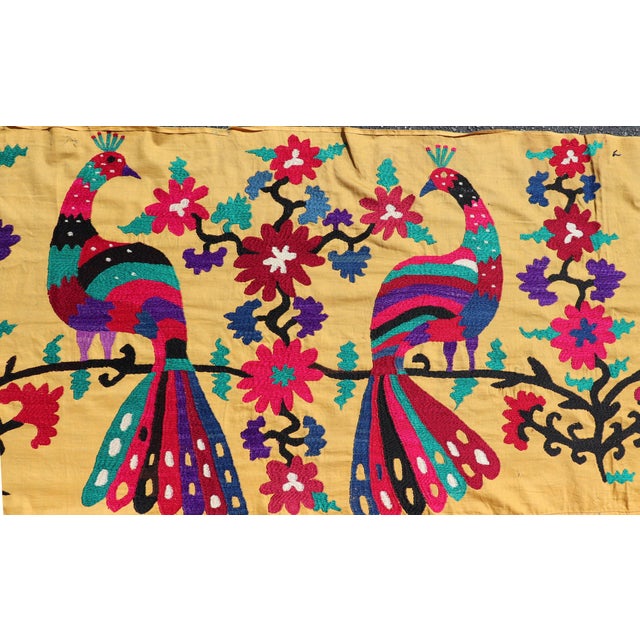 Antique Uzbekistan Suzani Runner With Colorful Peacock and Botanical Design For Sale - Image 11 of 14