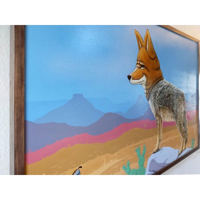 Brown Masks We Wear, Overtaking the Past by 3rd Version (Ben Patterson) | Oil on masonite panel Coyote in a mask standing in a desert landscape. For Sale - Image 8 of 10