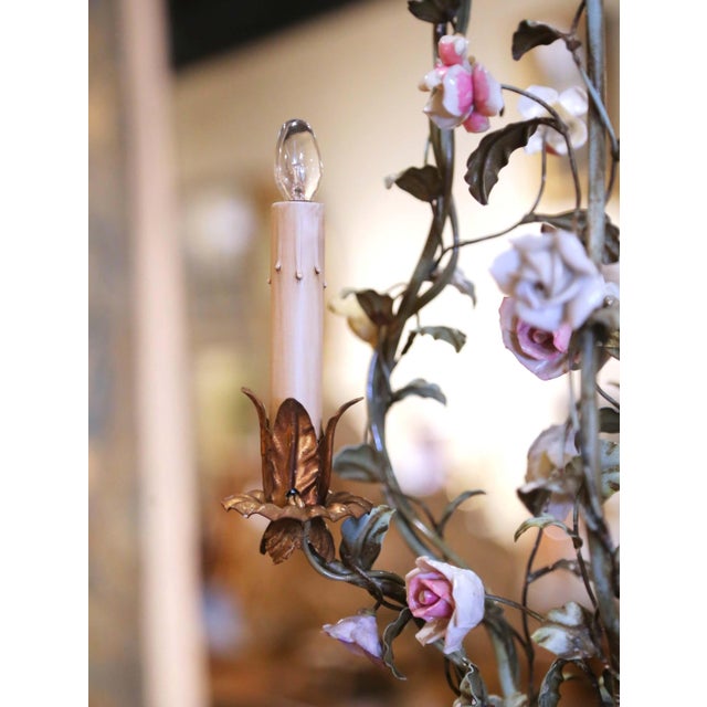 Early 20th Century French Three-Light Tole Chandelier With Porcelain Flowers For Sale - Image 4 of 11
