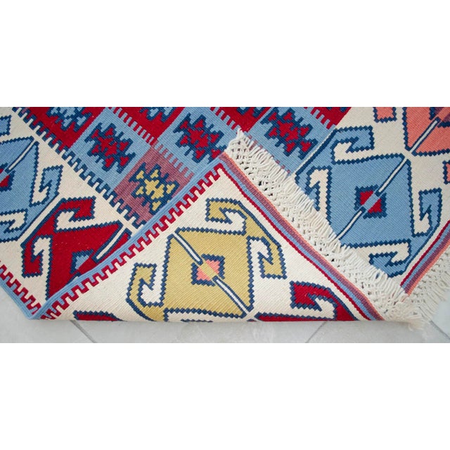 Textile 1980s Vintage Turkish Rug Hand Woven Colorful Area Rug Oushak Kilim - 4'4" X 5'2" For Sale - Image 7 of 8