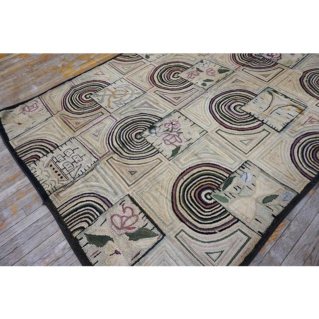 Textile Nice Tan-Beige Background With Prominent Circles Black Geometric Design Antique American Hooked Rug For Sale - Image 7 of 13