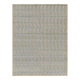 Rug & Kilim’s Block Print Rug Design with Brown and Green Floral Patterns - 14x20 For Sale