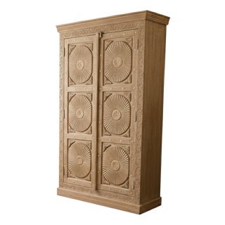 Antique Sunburst Carved Cabinet – Vintage White Distressed Armoire Wardrobe For Sale