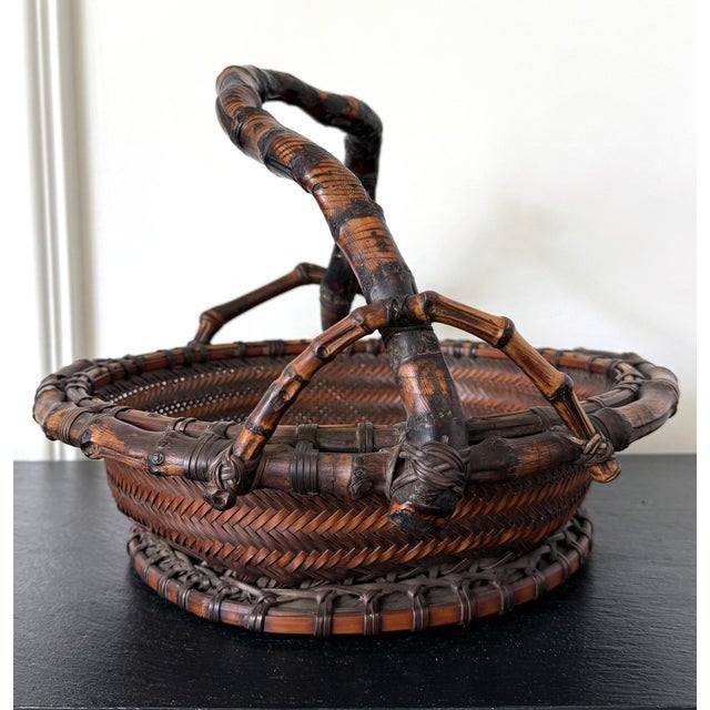 Wood Antique Japanese Bamboo Morikago Basket with Chikon Handle Meiji Period For Sale - Image 7 of 15