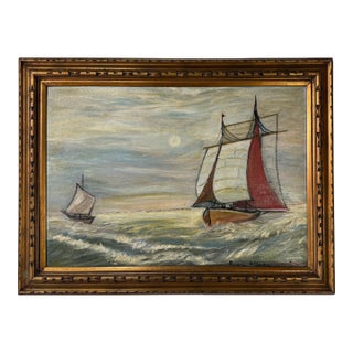 Vintage Seascape Impressionist Two Sailboats Oil Painting on Plywood – Framed For Sale