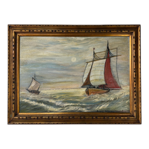 Vintage Seascape Impressionist Two Sailboats Oil Painting on Plywood – Framed
