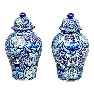 Pair of Glazed Ceramic Lidded Baluster Jars in Blue For Sale