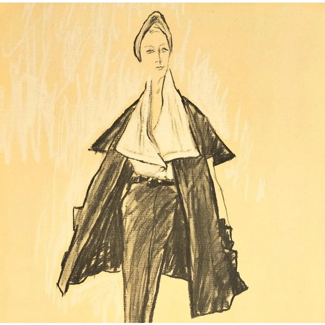 This is a Mid-Century French fashion print for a design by the iconic Elsa Schiaparelli. It originally appeared in a haute...