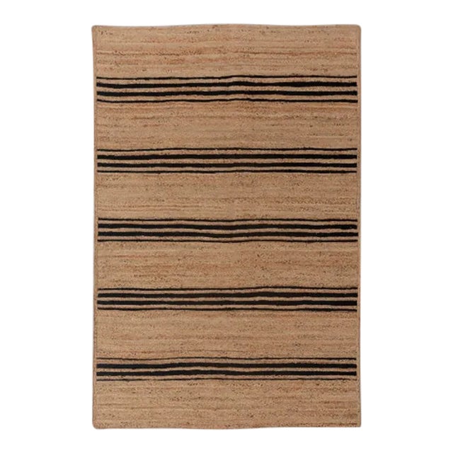 Rectangle Black Stripe Pattern Jute Rug, Boho Jute Rug 4x6 Ft. For Sale