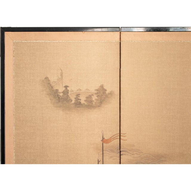 1970s "Scene With Boats" Shōwa Era Japanese Painted Byobu Screen For Sale In Dallas - Image 6 of 11