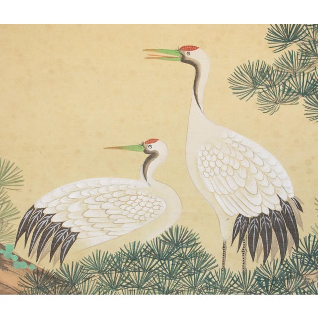 1940s "Cranes and the Big Pine Tree", Showa Era Japanese Silk Scroll Painting For Sale - Image 5 of 17