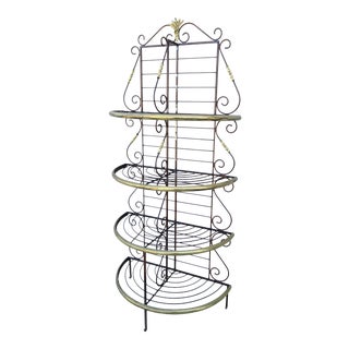 French Style Demilune Bakers Rack in Faux Iron Finish With Brass Plated Accents For Sale