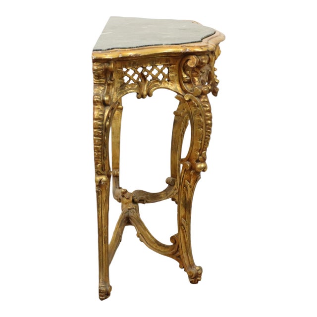 Baroque French Louis XV Style Console Table in Gold Leaf Gilded Wood and Marble, 1890s For Sale - Image 3 of 18