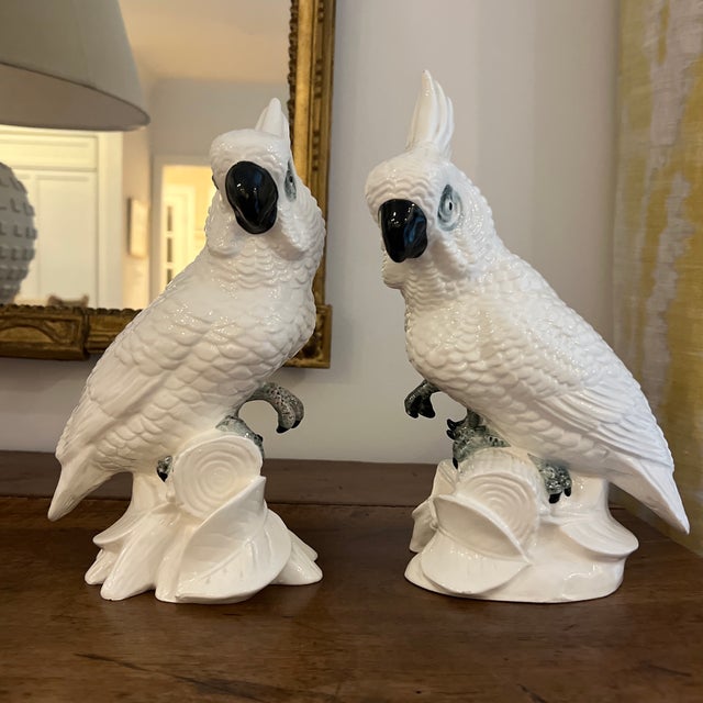 Vintage Mid Century Porcelain White Cockatiel Birds- A Pair