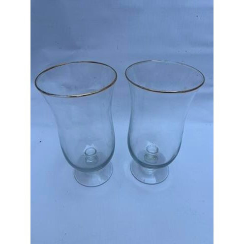 Farmhouse Vintage Clear Glass Gold Rim Candle Hurricanes a Pair For Sale - Image 3 of 8