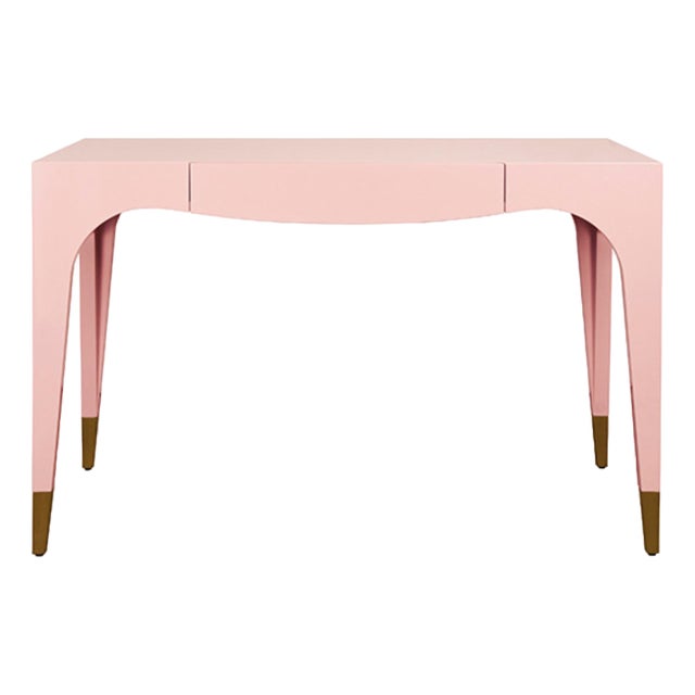 Matthew Izzo Home Glossy Pink Lacquer One Drawer Desk With Antique Brass Foot Caps For Sale