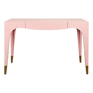 Matthew Izzo Home Mandi Glossy Pink Lacquer One Drawer Desk With Antique Brass Foot Caps For Sale