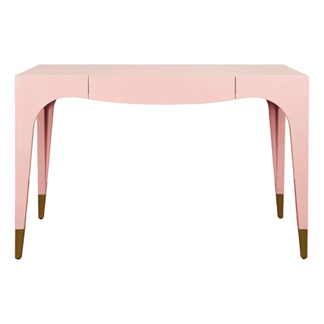 Matthew Izzo Home Mandi Glossy Pink Lacquer One Drawer Desk With Antique Brass Foot Caps For Sale