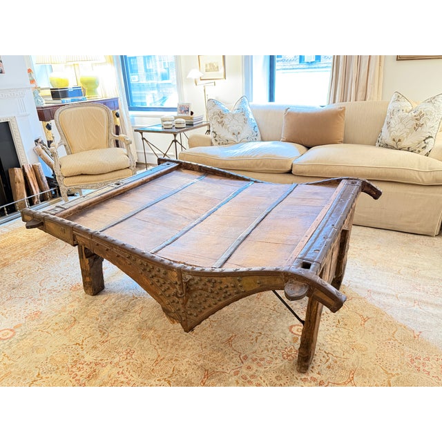 Asian Antique Indian Rustic Wooden Ox Cart With Metal Accents Coffee Table For Sale - Image 3 of 4