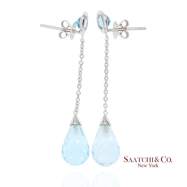 Early 21st Century 18k 750 Solid White Gold Blue Topaz Drop Earrings, Pair For Sale - Image 5 of 12