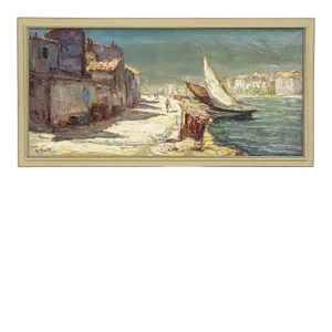 French Framed Oil Painting of Seaside Village by Maurice Barle