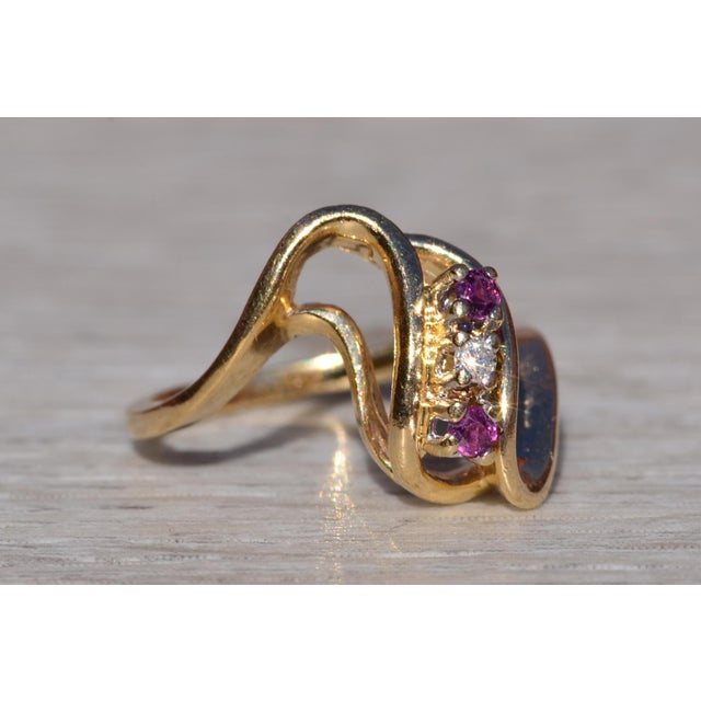 Metal The Stavely: Ladies 14K Yellow Gold Open Bypass Ring with Rubies and Diamond For Sale - Image 7 of 10