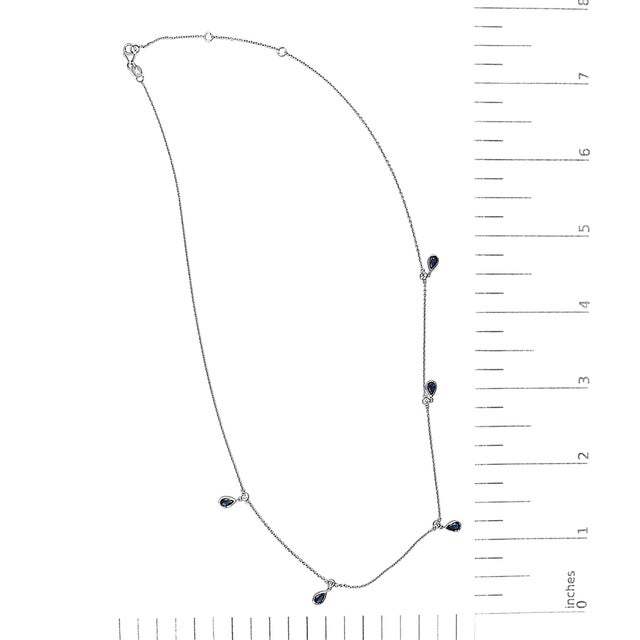 Early 21st Century 10K White Gold Dangling 5x3 mm Pear Blue Sapphire and Diamond Station Necklace - 18" Inches For Sale - Image 5 of 5