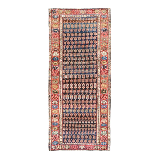 Antique Kurdish Gallery Runner in All-Over Geometric Design on a Blue Background For Sale