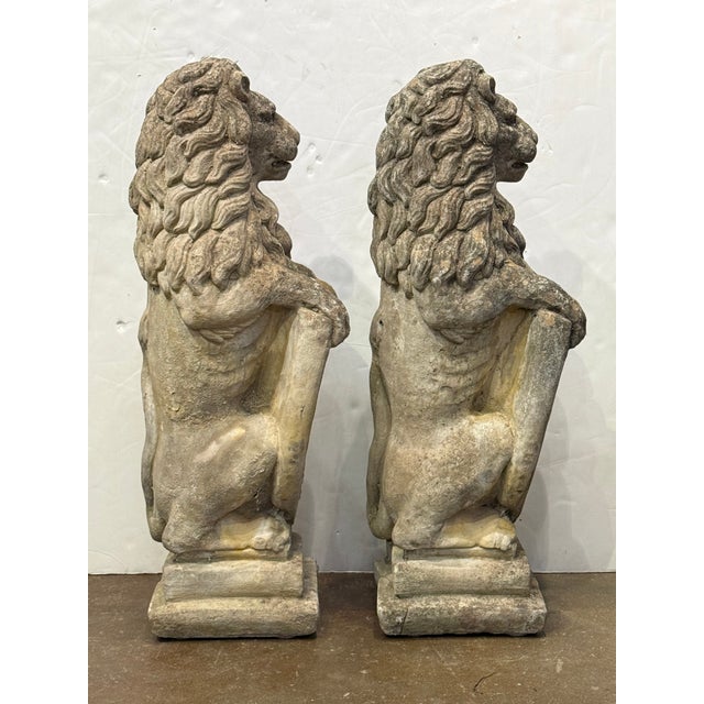 Stone Pair of Cast Stone Armorial Lion Garden Statues From England - Two Available For Sale - Image 7 of 15