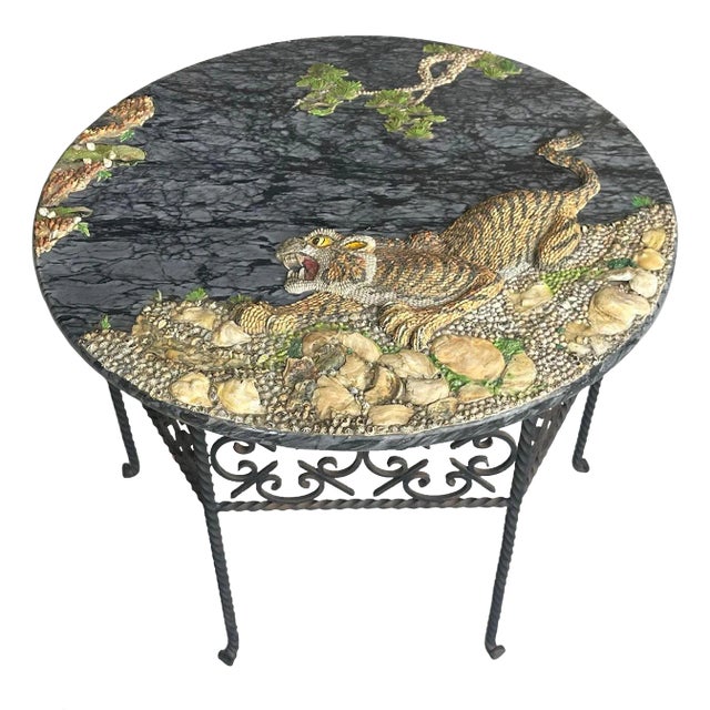 Ornate Grotto Shell Tiger Motif Round Marble Coffee Table With Iron Base For Sale