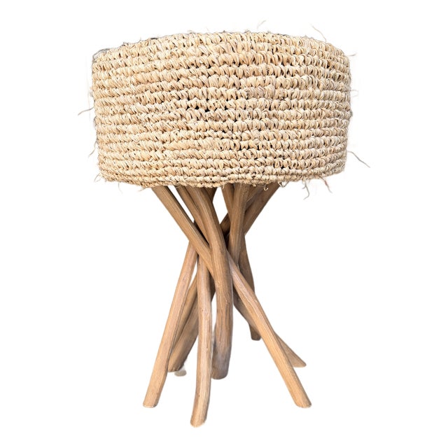 Jeffan International Raffia and Teak Stool For Sale