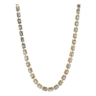 14k Yellow Gold 17.84ctw Bezeled Aquamarine Adjustable Tennis Chain Necklace For Sale