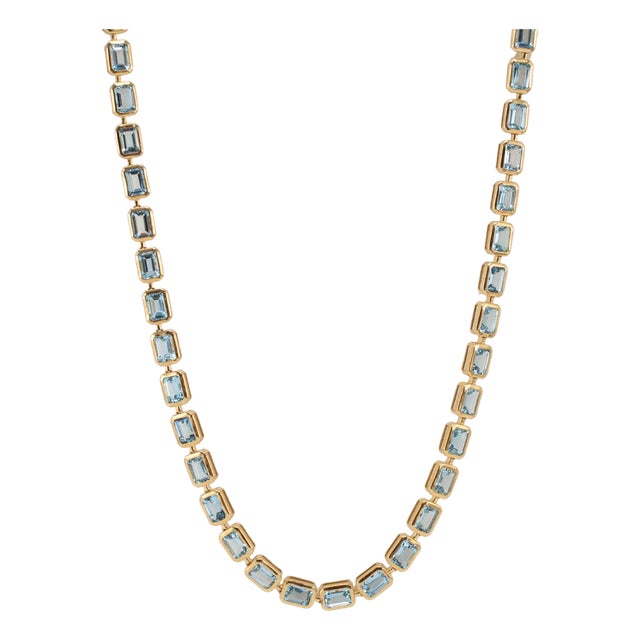 14k Yellow Gold 17.84ctw Bezeled Aquamarine Adjustable Tennis Chain Necklace For Sale