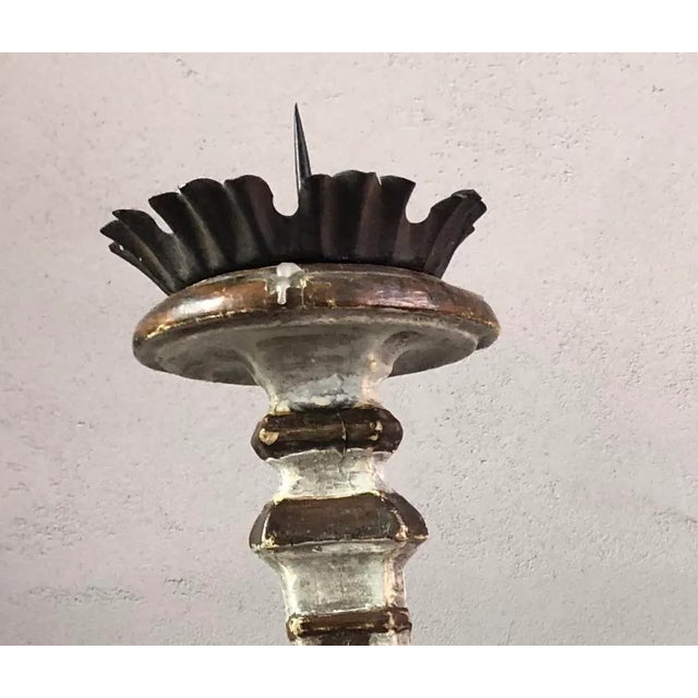 Italian Pair of 18th Century Carved Wood Pricket Candlesticks With Original Silver Leaf For Sale - Image 3 of 6