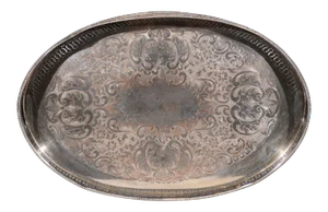 Antique English Edwardian Period Silverplate Tray with Pierced Motifs & C-Scrolls