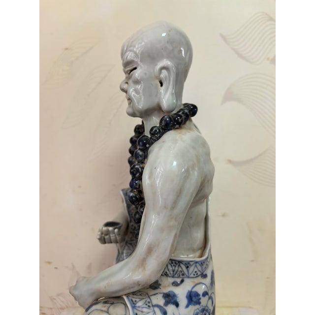 Blue Chinese Vintage Ceramic Buddhist Sculpture,Hand Carved Blue and White Porcelain the Eighteen Arhats Statue For Sale - Image 8 of 8