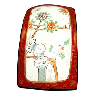 Antique Chinese Red Lacquer Box Porcelain Plaque Metal Inlay C1920 For Sale