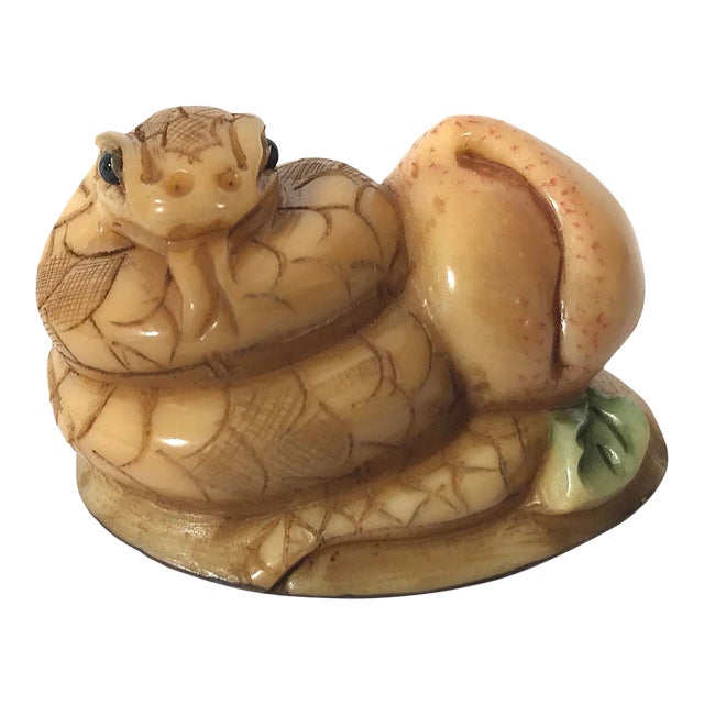 1980's Chinese Netsuke Style Coiled Snake Carving With Long Life Peach For Sale