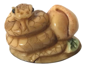 1980's Chinese Netsuke Style Coiled Snake Carving With Long Life Peach