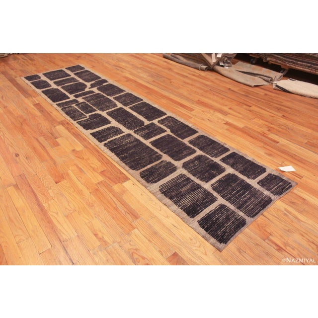 A Fascinating and Artistic Tribal Primitive Geometric Block Design Charcoal and Cream Color Modern Hallway Runner Rug,...