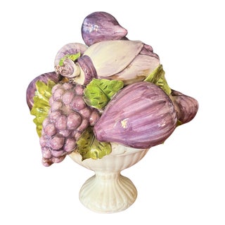 French Hand Painted Barbotine Majolica Ceramic Fruit Basket Centrepiece, Circa 1950 For Sale