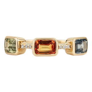 1.92ct Emerald Cut Multi Sapphire & Diamond Three Stone Ring in 14k Yellow Gold Size 9 For Sale