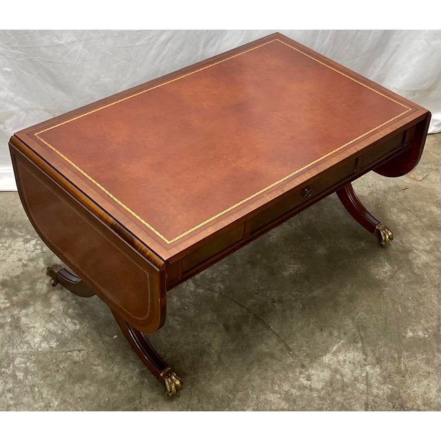 Vintage Duncan Phyfe Style Mahogany Leather Top Drop Leaf Coffee Table