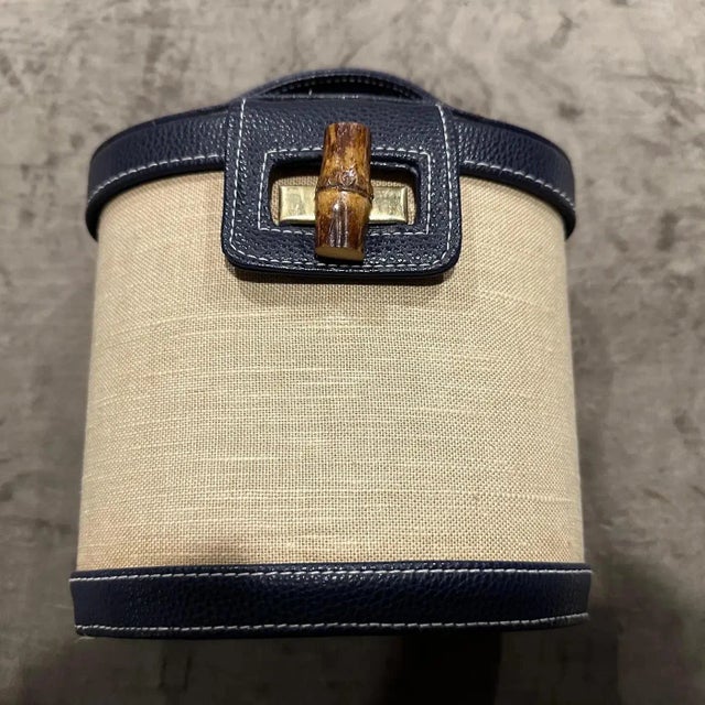 1960s Vintage Blue Leather Bamboo and Brass Italian Top Handle Bag For Sale - Image 13 of 14